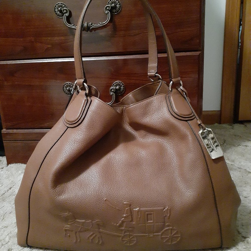 New Coach Horse and Carriage Embossed Leather Edie 42 Shoulder Bag ~ Saddle